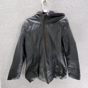JD Italian Women Leather‎ Jacket Large Black Leather Removable Hood Fleece READ